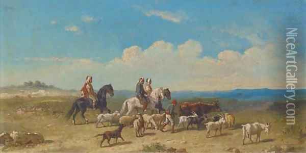 Arabs on horseback moving the herd Oil Painting - William Raymond Dommersen