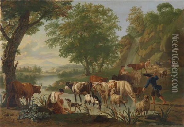 Bukolische Landschaft Mit Einem Hirten Und Seiner Herde Und Einer Jungen Frau Oil Painting - Jan van Gool
