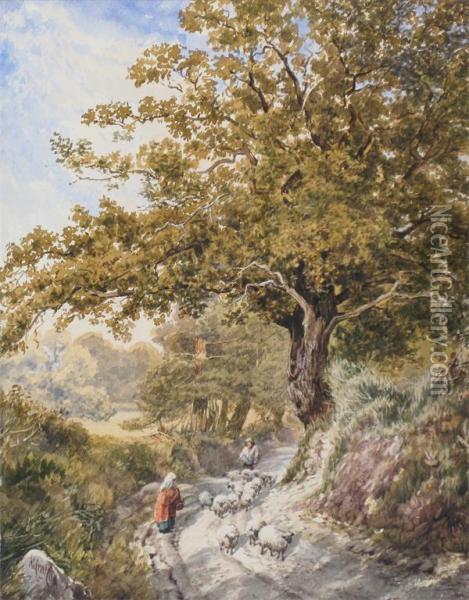 Figures And Sheep On A Woodland Track Oil Painting - Alfred Wilson Cox