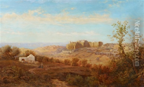 Weg Nach Bethlehem (mit Moabiter Gebirge) Mit Rahels Grab Und Geburtskirche Oil Painting - Gustav Bauernfeind
