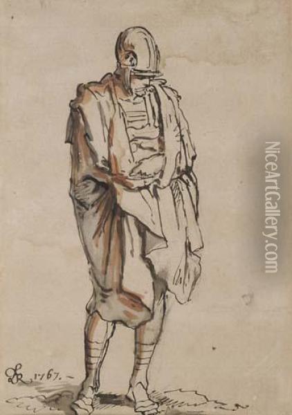 Study Of A Standing Soldier Wrapped In A Cloak Oil Painting - Philibert Benoit De Larue