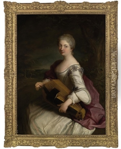 Portrait Of A Lady, Three-quarter-length, In A White Dress With Blue Bows, And A Violet Mantle, Playing A Hurdy Gurdy, In A Wooded Landscape Oil Painting - Alexis Grimou