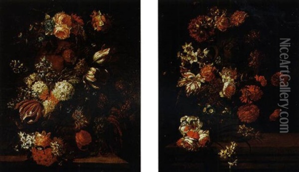 Bouquets De Fleurs Dans Des Vases Sculptes Sur Un Entablement Oil Painting - Jan-Baptiste Bosschaert