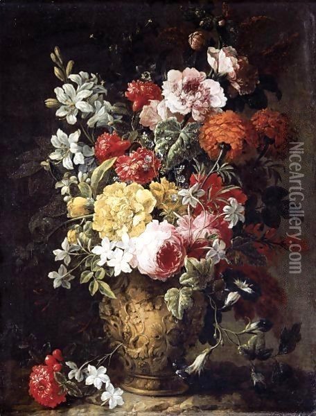 Still Life Of Flowers In A Carved Stone Vase Oil Painting - Gaspar-pieter The Younger Verbruggen