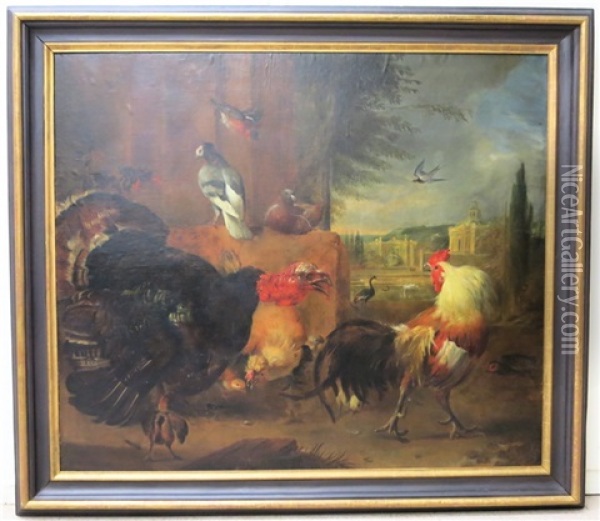 Avian Scene With Chickens, Turkey, Doves, Etc. With Palace And Fountain In The Background Oil Painting - Erni von Huettenbrenner