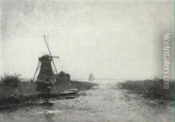 River Estuary With A Figure In A Punt By A Windmill Oil Painting - Victor Bauffe