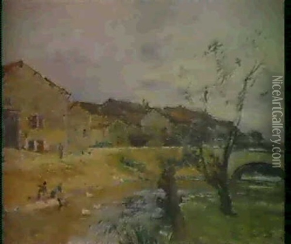 Village Au Bord De Riviere Oil Painting - Edmond Marie Petitjean