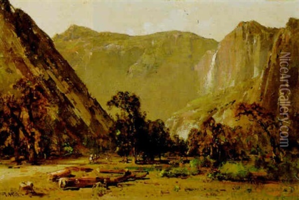 Yosemite Falls From Curry Camp Oil Painting - Thomas Hill