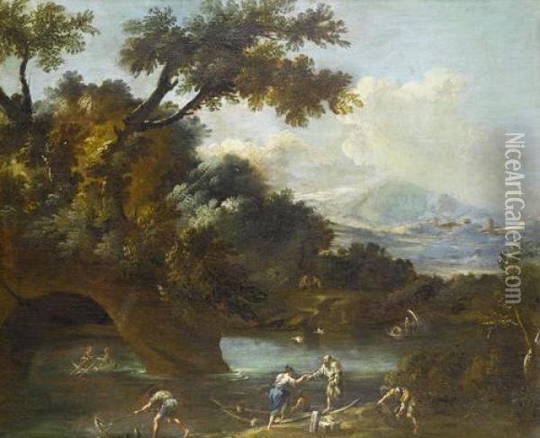 A Wooded Landscape With A Fisherman Drawing Inhis Catch, Other Figures Loading A Rowing Boat And Other Vessels Ona River With Mountains Beyond Oil Painting - Bartolomeo Pedon