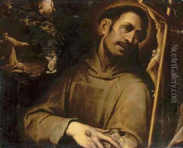 Saint Francis adoring the Cross, with the Stigmatisation of Saint Francis beyond Oil Painting - Camillo Procaccini