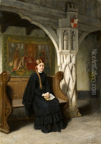 Madchen In Der Kirchenbank Oil Painting - Hubert Salentin