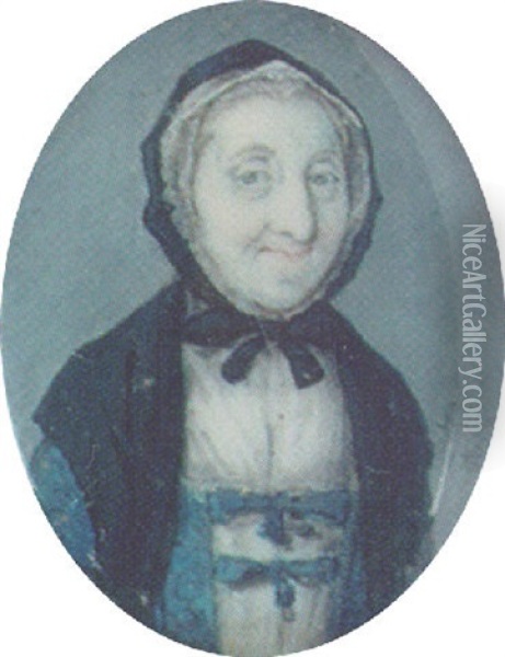 A Elderly Lady, Wearing A Blue Dress Tied With Ribbons Over A White Underdress, Black Shawl And Matching Bonnet Oil Painting - J. Lacon