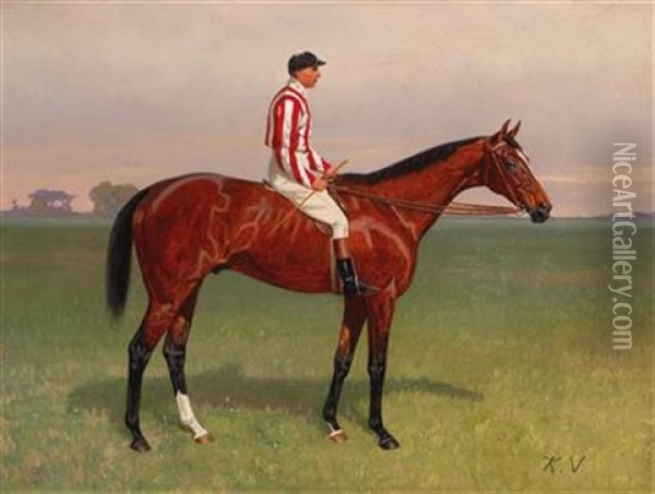 Portrait Of A Jockey On His Horse Oil Painting - Karl Volkers