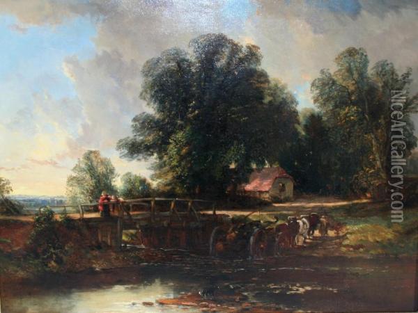 Sunset, Mayford Bridge, Woking, Surrey Oil Painting - Joseph Clayton Bentley