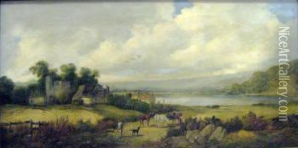 Landscape With Cattle And A Lake Oil Painting - Alfred Gomersal Vickers