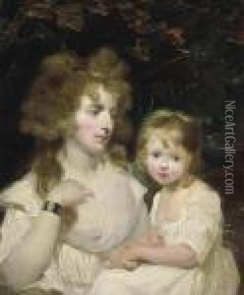 Portrait Of A Mother And Child, Half-length, In White Dresses, In Alandscape Oil Painting - John Hoppner