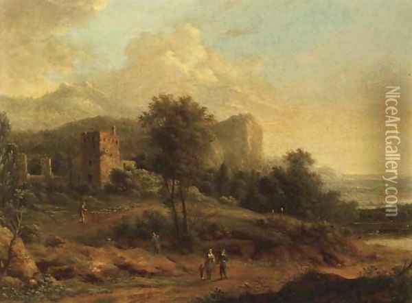 An Italianate landscape with figures on a path, a castle beyond Oil Painting - French School