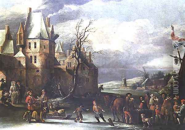 Winter Landscape with Figures before a Town Oil Painting - Rutger Verburgh