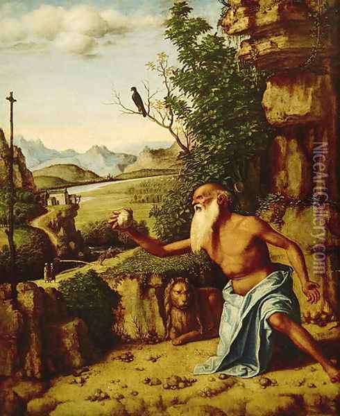 St.Jerome in a Landscape, c.1500-10 Oil Painting - Giovanni Battista Cima da Conegliano