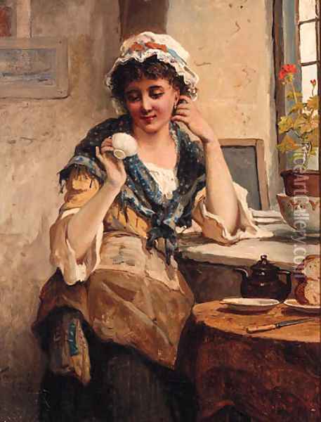 A Girl reading her Tea Leaves Oil Painting - Tennyson Philip Cole