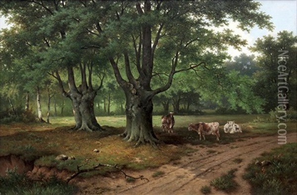 Forest With Three Cows Oil Painting - Hendrik Pieter Koekkoek