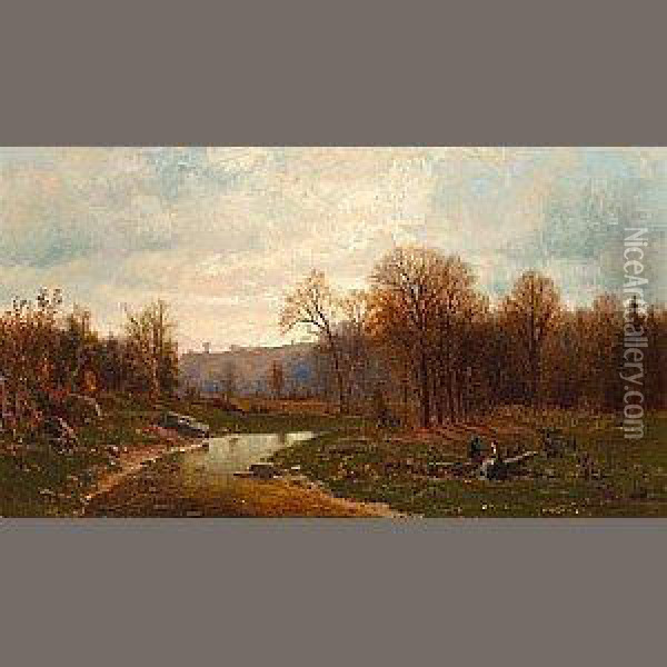 Figures By A River In An Autumnal Landscape Oil Painting - Jervis McEntee