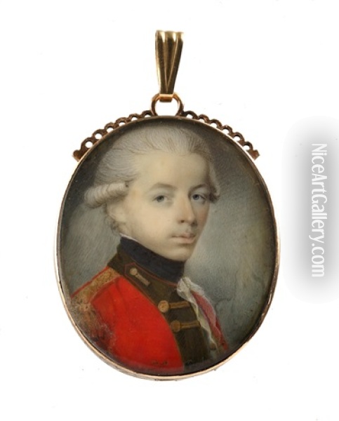 Ensign William Caulfield, Wearing Scarlet Coat With Green Facings, Gold Buttons And Epaulette, White Frilled Chemise And Black Stock, His Powdered Wig Worn En Queue Oil Painting - Jeremiah Meyer