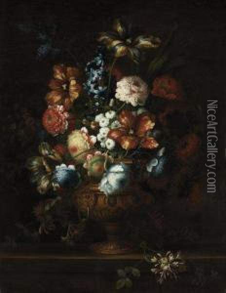 Tulips, Chrysanthemums, Violets 
And Other Flowers In A Sculptedbronze Urn, On A Stone Ledge Oil Painting - Jean Baptiste Belin de Fontenay