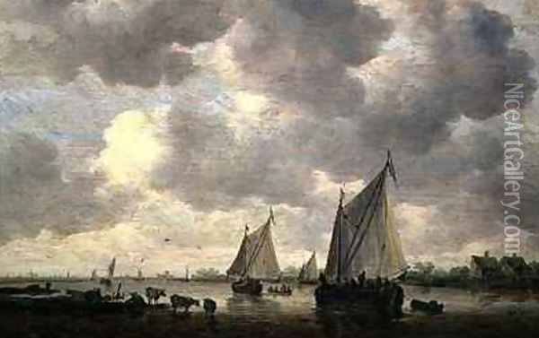 A Canal in Holland or Two Large Sailing Ships and Cattle Near a River Oil Painting - Jan van Goyen