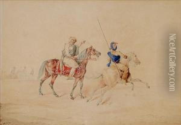 Three Mounted Arab Horsemen In A
 Desert, A Town On The Skyline, And Companion Of An Arab On His Stallion
 With A Mounted Messenger Oil Painting - Henry Thomas Alken
