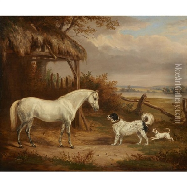 Grey Pony With Newfoundland And A Terrier Beside A Field Shelter Oil Painting - William Webb