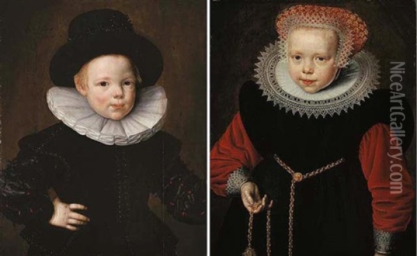 Portrait Of Wouter Gael, Aged Four, In An Embroidered Black Doublet, White Ruff & Black Hat Oil Painting - Jan Claesz