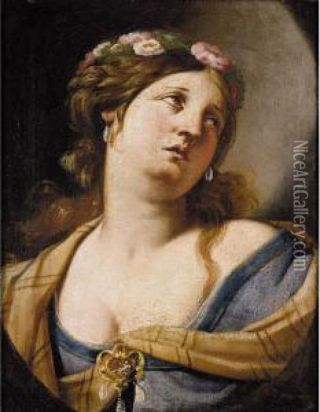 Portrait Study Of A Woman, Bust-length, Wearing Roses In Her Hair Oil Painting - Luca Da Reggio (Ferrari)