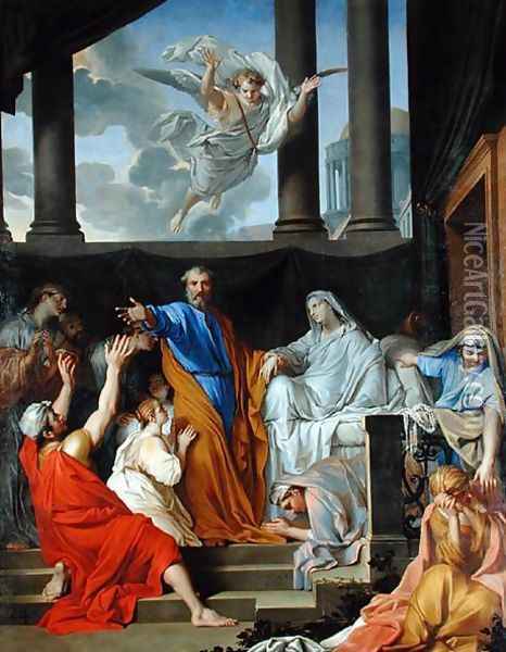 St. Peter Resurrecting the Widow Tabitha, 1652 Oil Painting - Henri Testelin