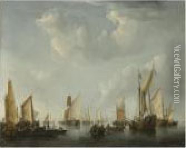 A Calm, With A States Yacht And Other Vessels In A Crowdedharbour Scene Oil Painting - Willem van de, the Elder Velde