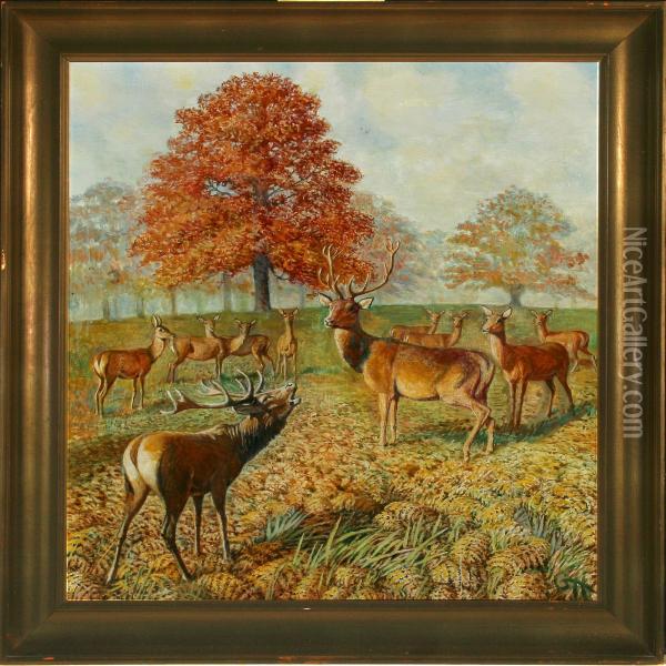 Red Deer In A Forest Oil Painting - Gerhard V.E. Heilmann