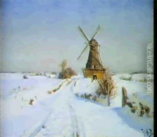 Vinterlandskab Med En Molle Oil Painting - Hans Andersen Brendekilde