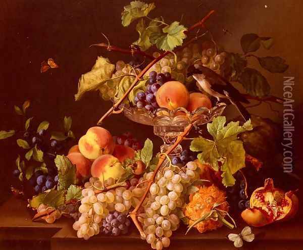 A Still Life With Song Bird And Fruit In A Crystal Tazza Oil Painting - Josef Seboth