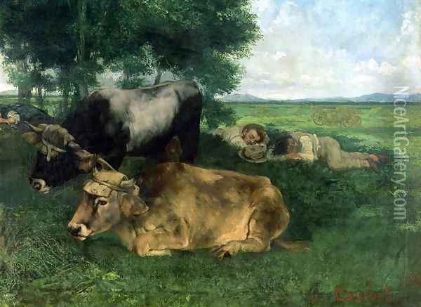 La Siesta Pendant la saison des foins (and detail of animals sleeping under a tree), 1867 Oil Painting - Gustave Courbet