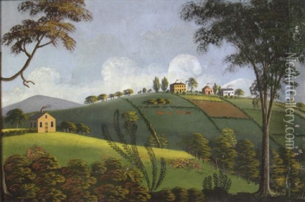 Rural Landscape With Farms And Grazing Cattle Oil Painting - Rufus Porter