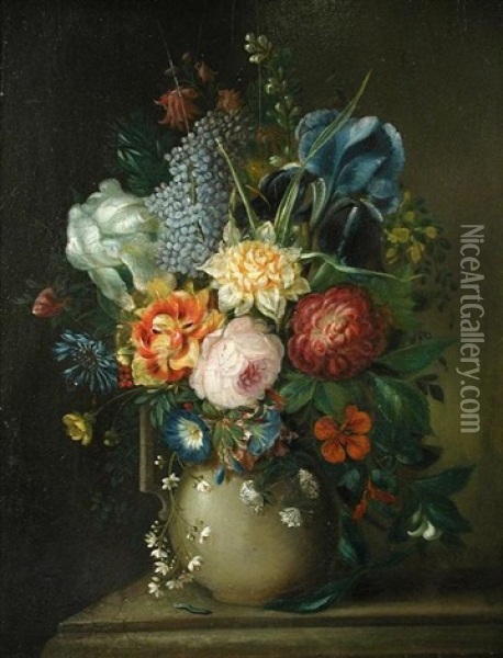 Still Life Of Roses, Irises And Other Flowers Oil Painting - Jean-Baptiste Monnoyer