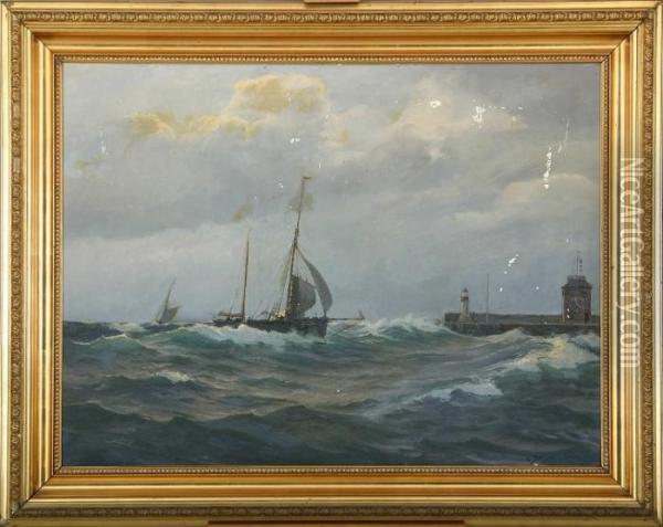 Seascape With Sailships Outside A Mole Oil Painting - Christian Benjamin Olsen