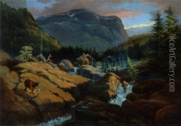 Partie Af Hallingdalen I Norge. En Bjorn Er Ved At Fortaere Sit Bytte Oil Painting - Carl Anton Saabye
