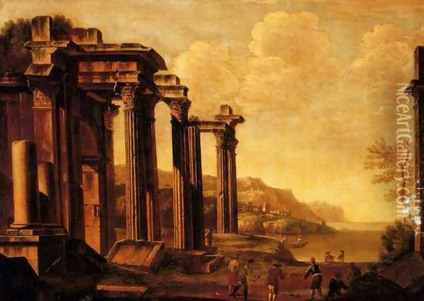 An architectural capriccio with figures by a cove Oil Painting - Giovanni Ghisolfi
