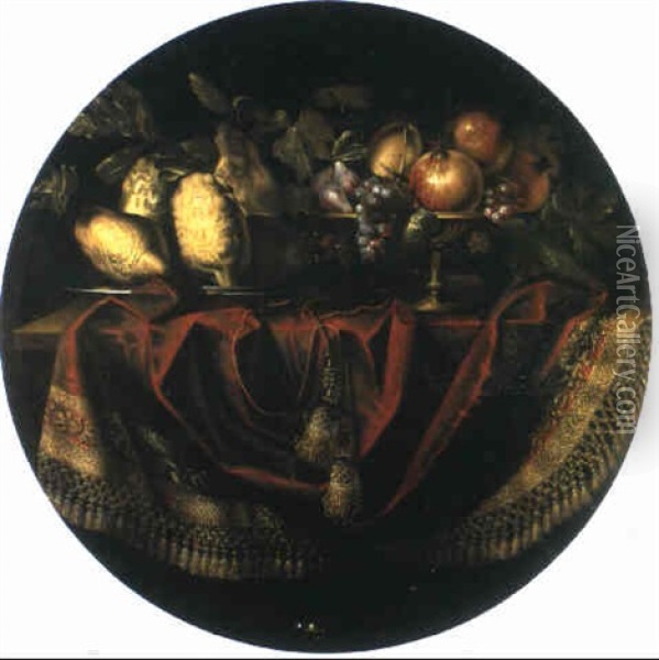 Coings Et Autres Fruits Sur Un Entablement Oil Painting - Nicolas Mignard