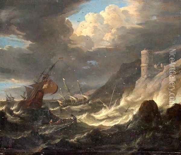 Shipping off a Rocky Coast in Storm 2 Oil Painting - Pieter the Younger Mulier