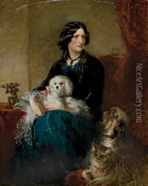 Portrait De Lady Alfred Paget Avec Son Chien Maltais Sur Les Genoux Oil Painting - Richard Buckner