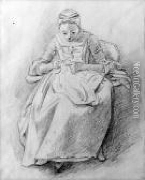 Study Of A Woman Sewing, Probably The Artist's Daughter Oil Painting - Hoare, William, of Bath