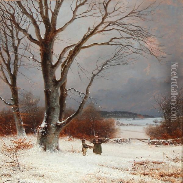 Mother And Son Gathering Firewood In A Snow Covered Landscape Oil Painting - Nordahl Peter Frederik Grove