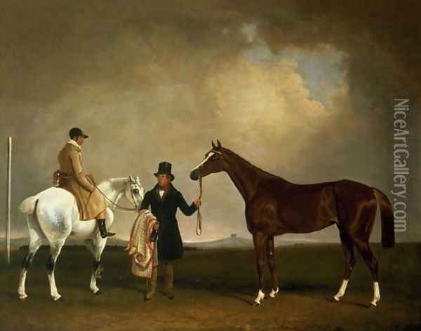 Mr Sadlers Decisive held by his Trainer with the jockey John Day Jnr, Stockbridge Racecourse, 1843 Oil Painting - George Cole, Snr.